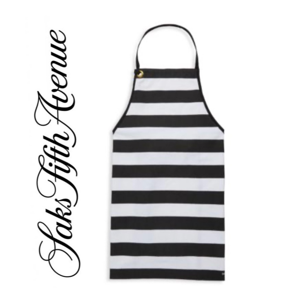 🌺 SAKS FIFTH AVENUE Black White Striped Cotton Apron NWT